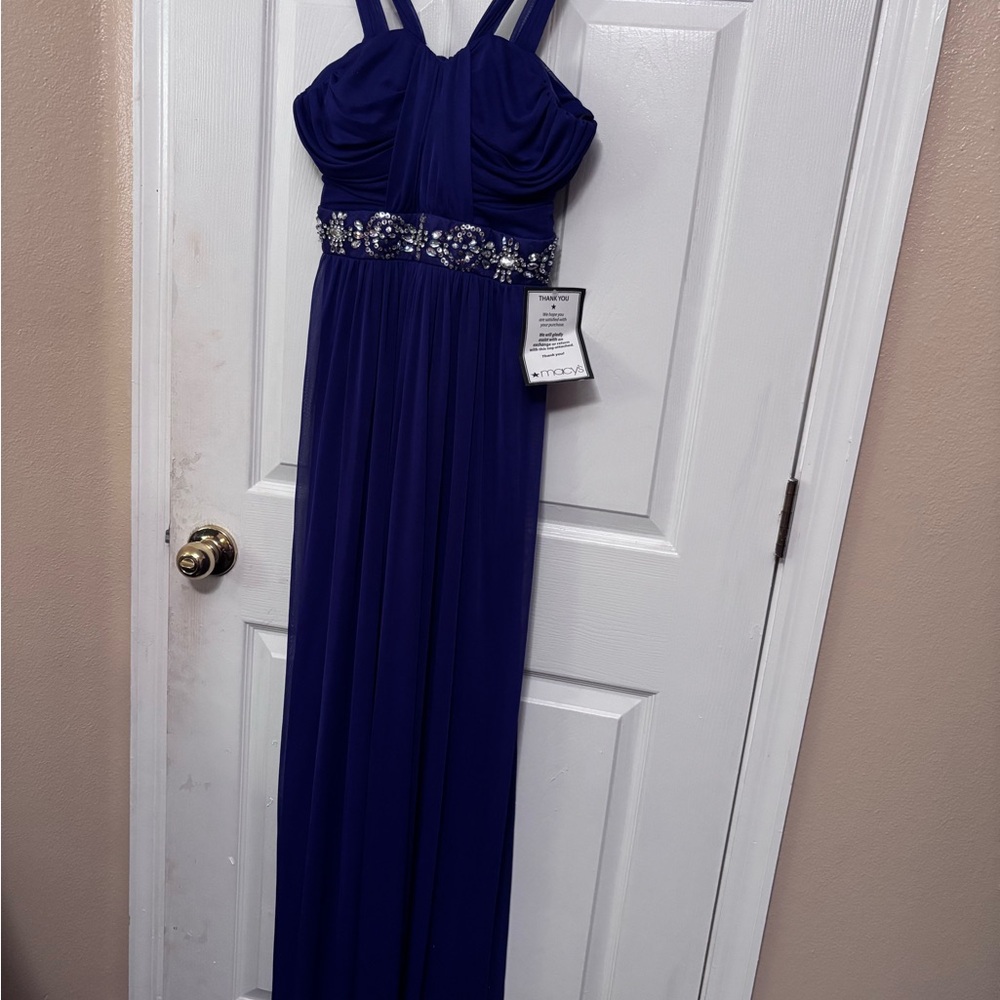Elegant Blue Gown with Embellished Waist